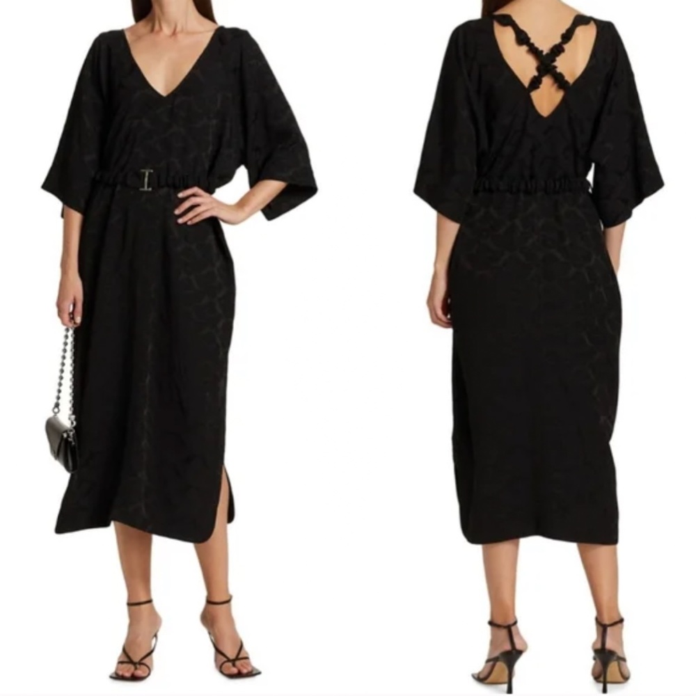 NWT GANNI Jacquard Belted Crisscross Kaftan Midi Dress Black EU 34/US 2